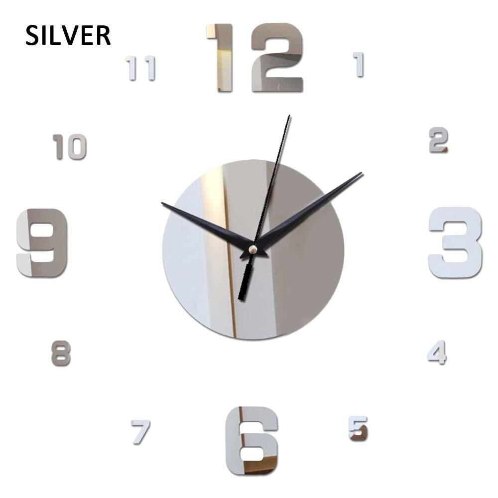 digital veggklokke klistremerke speil veggklokke diy hjemmeinnredning avtakbar selvklebende soverom akryl kvarts horloge 3 farge: Sølv
