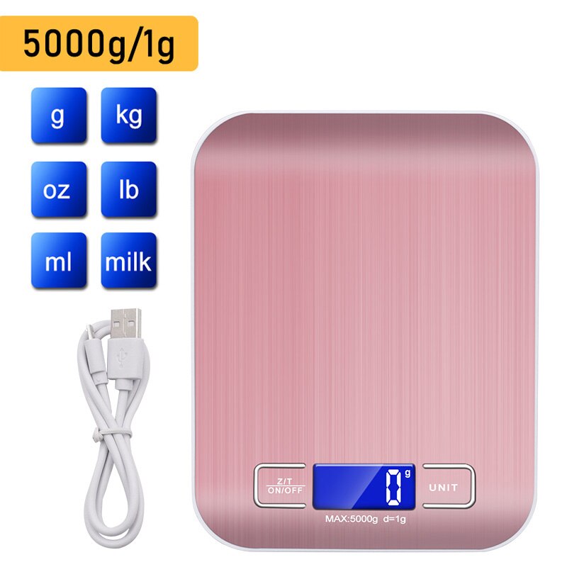 Stainless steel USB digital kitchen scale 10kg 5kg precision electronic food scale for cooking and baking measuring tools: 5000g Golden