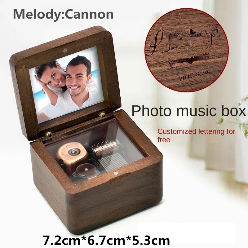 Music box with photos wooden music box Sky City music box birthday wedding home decoration: brown