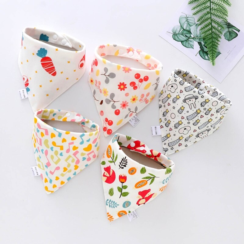 5 Pcs/Pack Baby Cotton Feeding Bibs Cartoon Print Bandana Saliva Triangle Dribble Towel Apron Infant Scarf