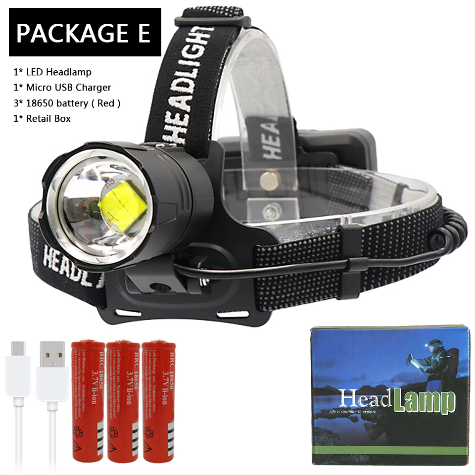 50000lm XHP70.2 32W powerful Led headlamp Headlight zoom head lamp flashlight torch Lantern 7800mah 18650 battery: Package E