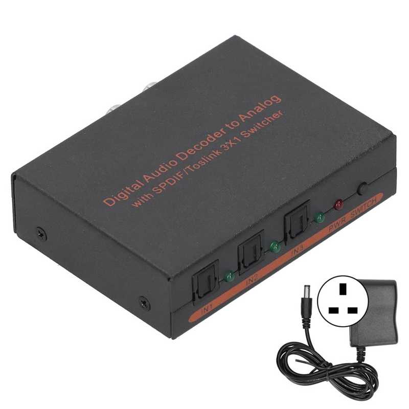 Decodificador de Audio Digital de fibra óptica para SPDIF/AV/RCA, convertidor de 100-240V, 3x1: UK plug