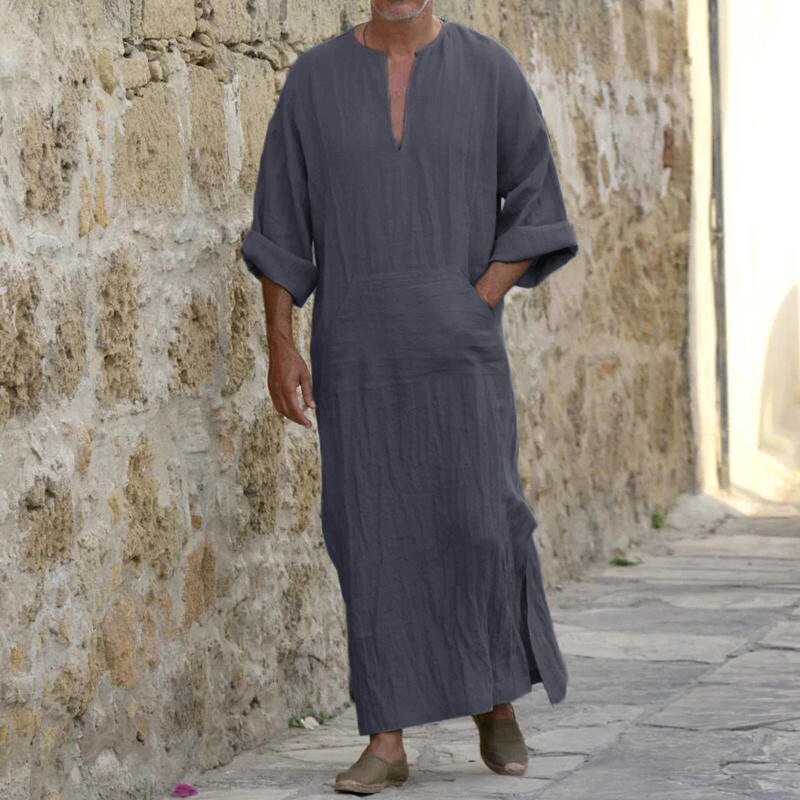 Mannen Islamitische Kaftan Katoen Lange Robe Dress Lange Mouwen Pockets V-hals Lounge Mannen Islamitische Arabische Kaftan Lange Pyjama Gewaad 5XL: Purple / S