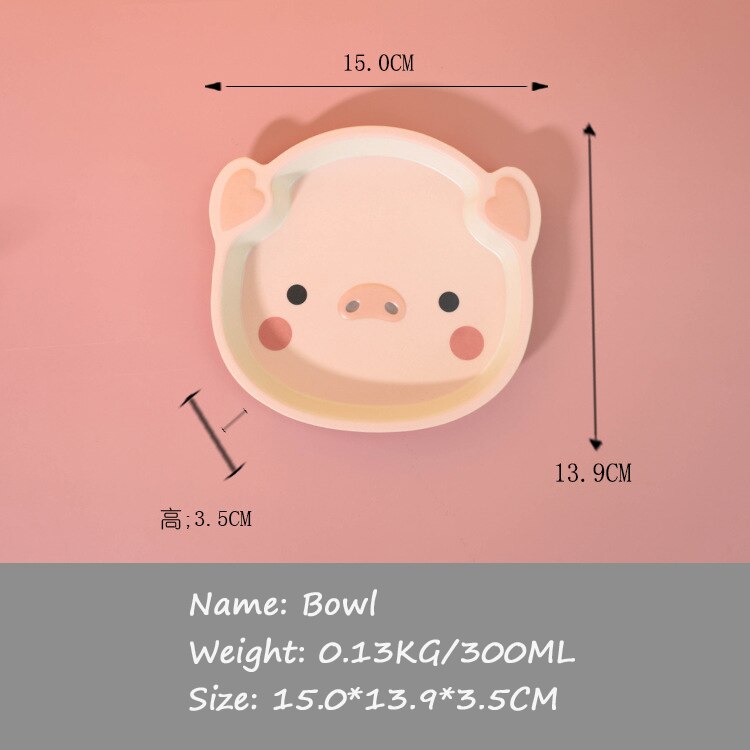 Kids bamboo fiber tableware children's dinner plate set pig shape plate baby feeding cute cartoon animal anti-fall bowl plate: Bowl