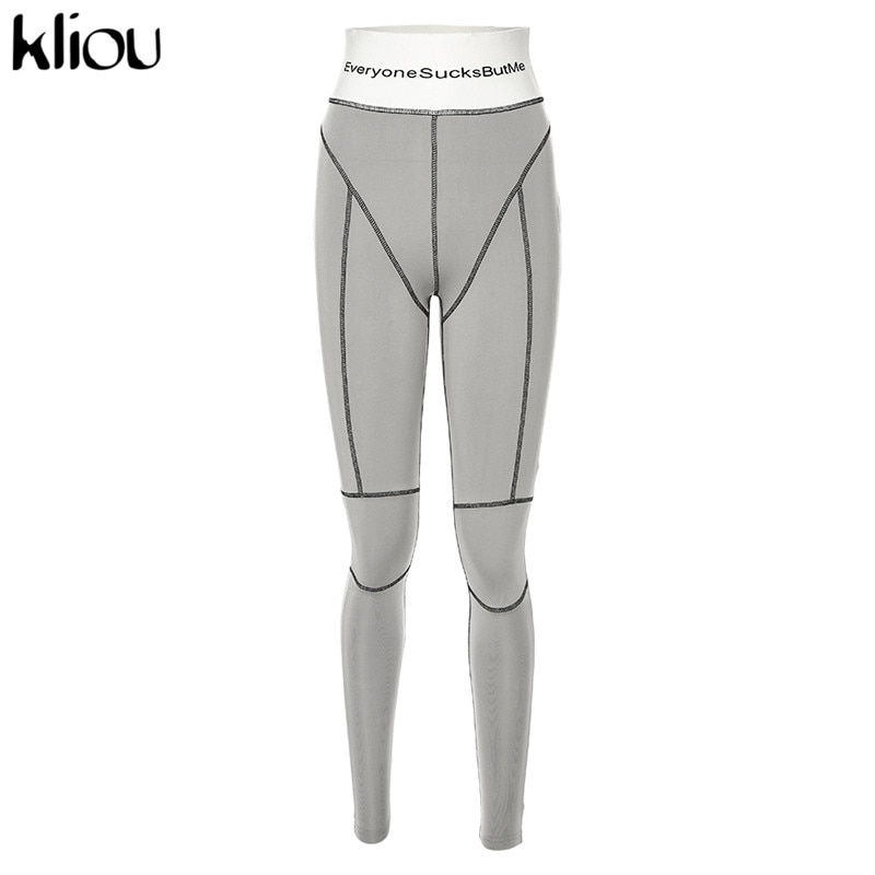 Kliou high waist letters print fitness legging herfst winter dames patchwork gestreepte streetwear sportieve slanke broek: M
