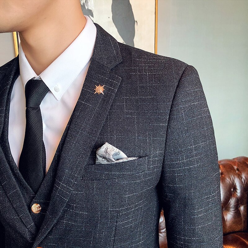 Stor størrelse 7xl (  blazer + vest + bukser) brudgom brudekjole mørk plaid klassisk retro herre #39 ;s formelt forretningssæt i tre dele