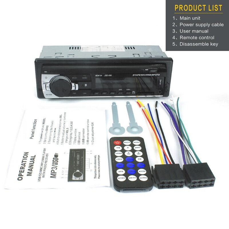 Autoradio 1 din bluetooth stereo  mp3 soitin fm audio vastaanotin 12v 60 wx 4 kaukosäätimellä aux/usb/sd kortti kojelaudassa
