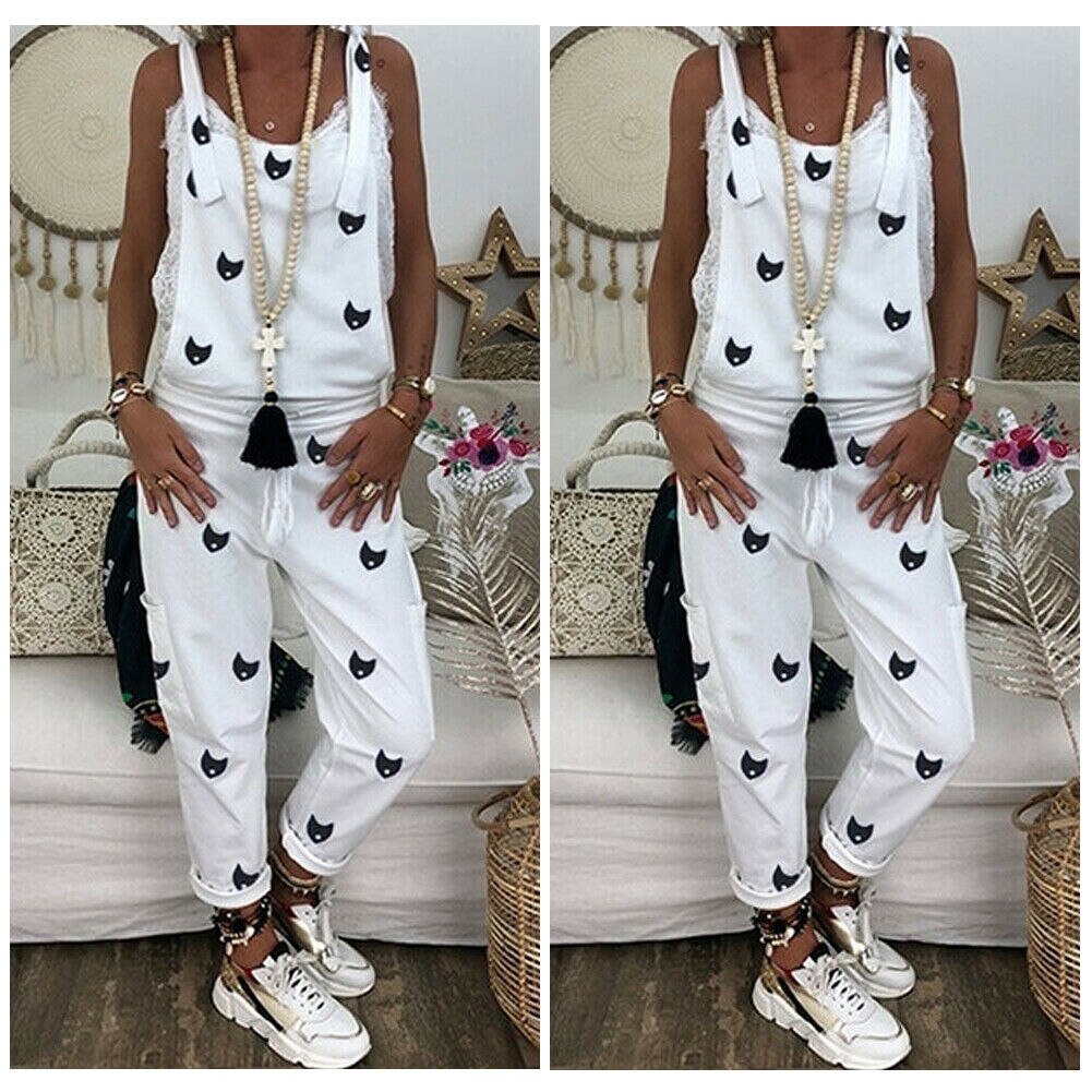 3 farver seneste ankomne kvinders afslappet printet strappy baggy løs jumpsuit kvindelig sommer ærmeløs harem lang playsuit s -2xl: Hvid / Xxl