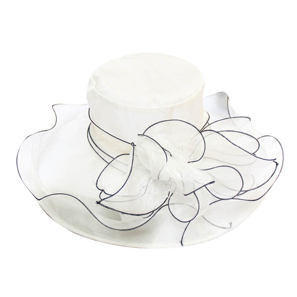 Sombreros elegantes de iglesia para mujer, gorros de fieltro de hilo de red Floral grande para mujer, sombreros de Sol de ala ancha de verano, gorros de fedora vintage: White B