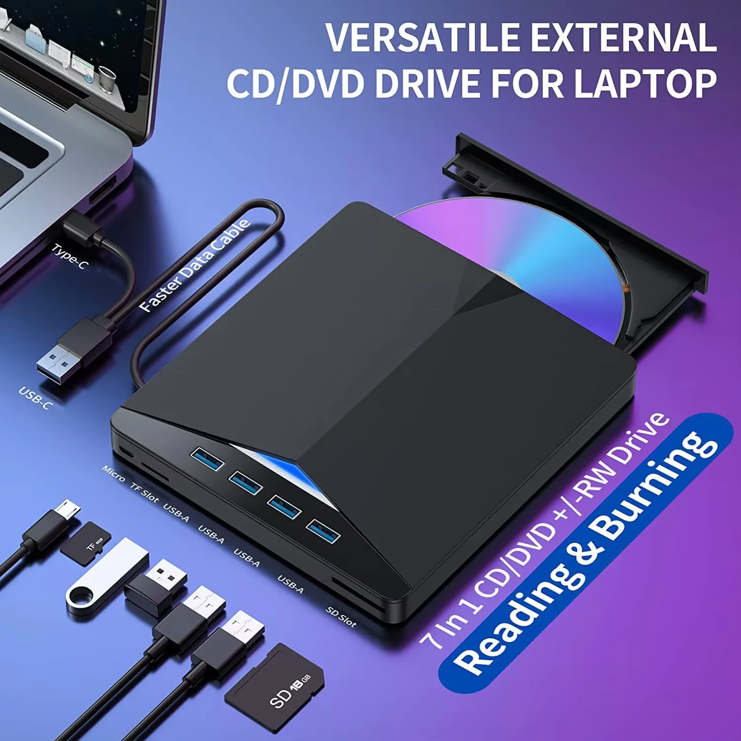 Unità ottiche CD DVD esterne USB 3.0 tipo C 7 in 1 Masterizzatore ultrasottile Lettore di registratori Tipo di vassoio per PC portatile Notebook