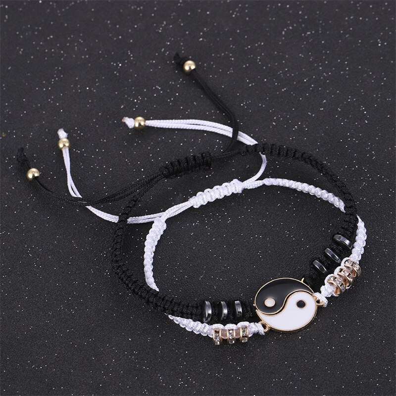 Tai Chi Yin Yang Couple Bracelet Alloy Pendant Adjustable Braided Chain Bracelet Necklace Matching Lover Bracelet Necklace