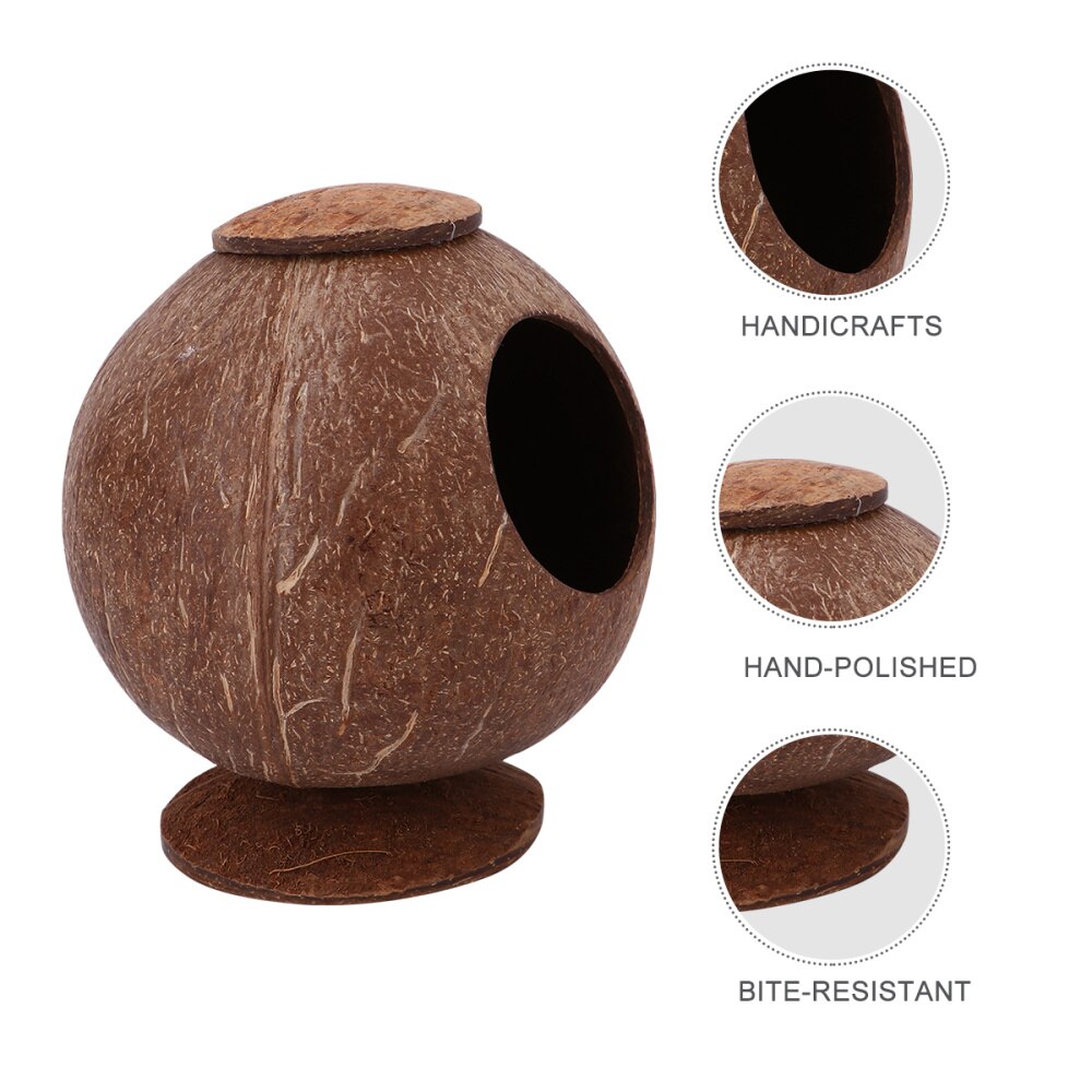 Polished Coconut Shell Nest Pet Bird Nest Hamster Squirrel Breeding Nest Crafts Beautiful Bird House with Base Desktop Guinea Pi