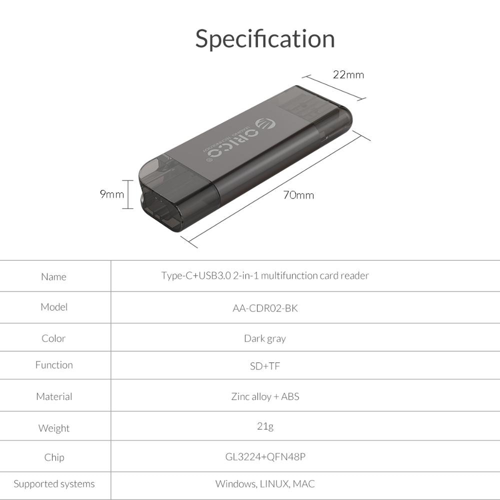 Orico kortlæser usb 3.0 2 in 1 sd/ micro sd tf otg smart memory type c kortlæser højhastighedsadapter til pc computer laptop