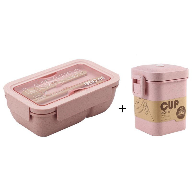 850ml Wheat Straw Lunch Box Healthy Material Bento Boxes Microwave Dinnerware Food Storage Container Lunchbox: Pink Set