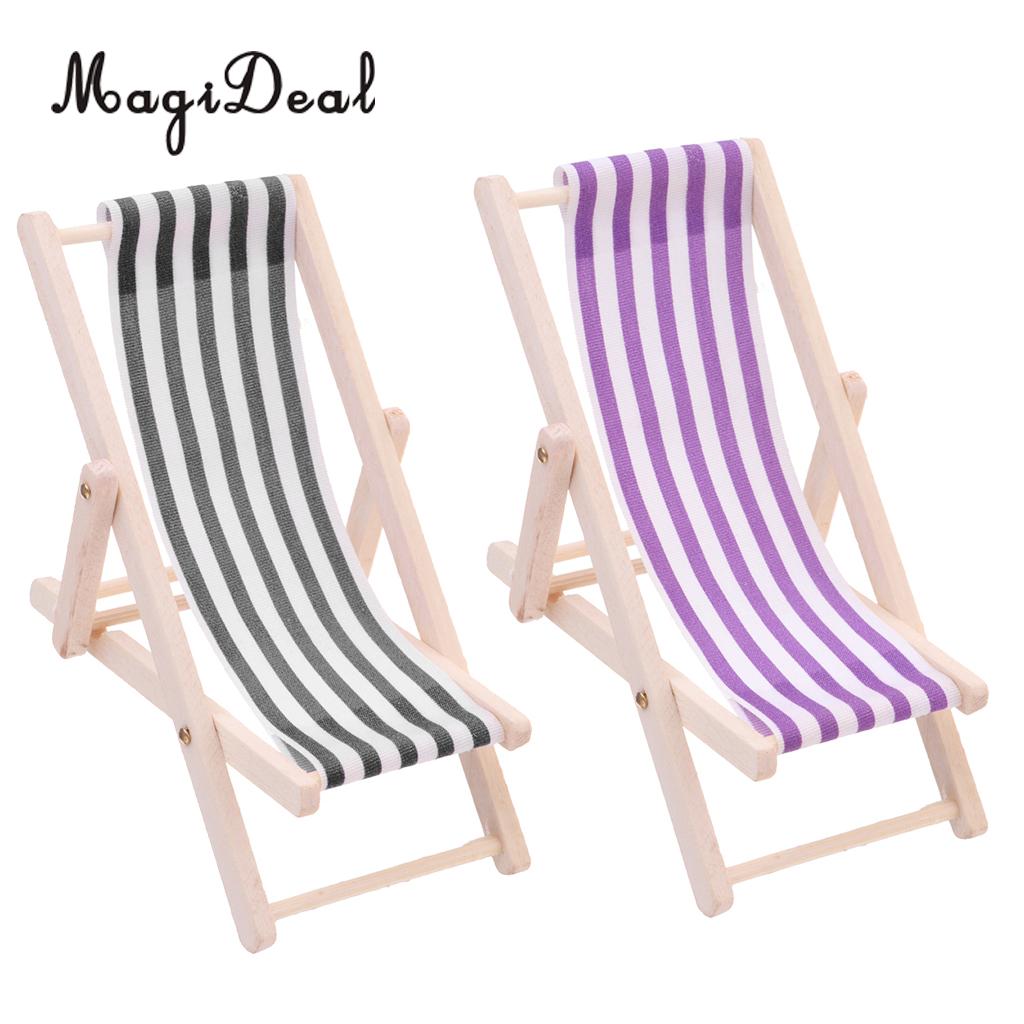 2pcs Striped Wooden Lounge Chair Beach Chaise Longue for 1/12 Dollhouse Miniature Furniture Decoration