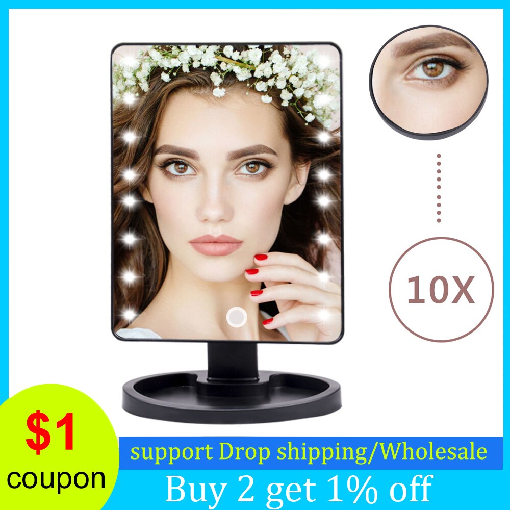 Tabletop Makeup Mirror With 16 LED Light Rechargeable Wireless 10 Times Magnified Touch Screen Lamp Cosmetic Mirror