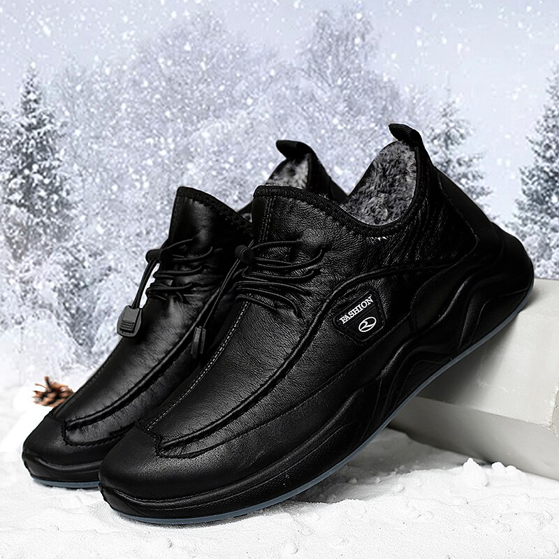 Sapatos casuais de pelúcia dos homens quentes botas de neve inverno pu à prova dwaterproof água cozinhar sapatos de rastreamento ao ar livre macio inferior caminhada tênis forte: Black / 43