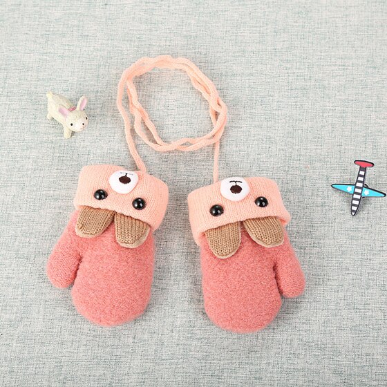 0-3 Jaar Oud Schattige Beer Cartoon Baby Handschoenen Winter Brei Wol Pasgeboren Wanten Fluwelen Dikke Kinderen kids Houden Vinger Warm: Deep Pink