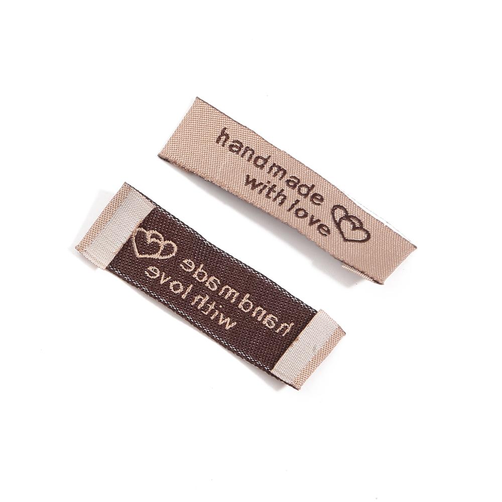 Bruine Kleur Labels 20 Pcs 15X50 Mm Handgemaakt Met Liefde Doek Geweven Labels Diy Accessoires Naaien Grosgrain Kledingstuk label