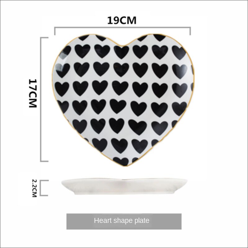 nordycki ceramika talerz czarno-biały w kształcie serca talerz śniadaniowy owocowy talerzyk deserowy zastawa stołowa suszony talerz na owoce ZM803: D