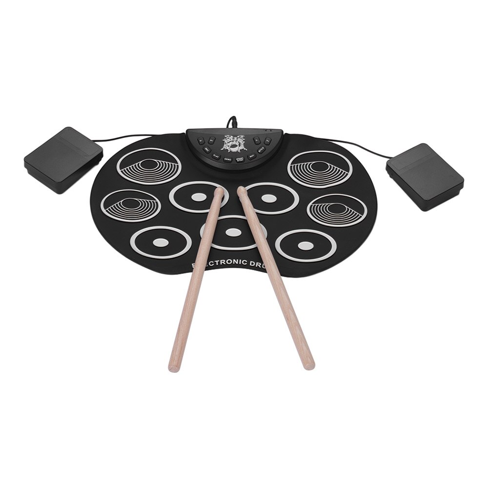 Elektronisch drumstel oprolbaar drumstel 9 siliconen drumpads usb/batterijgevoed met drumstokken voetpedalen voor kinderen: Zwart en wit