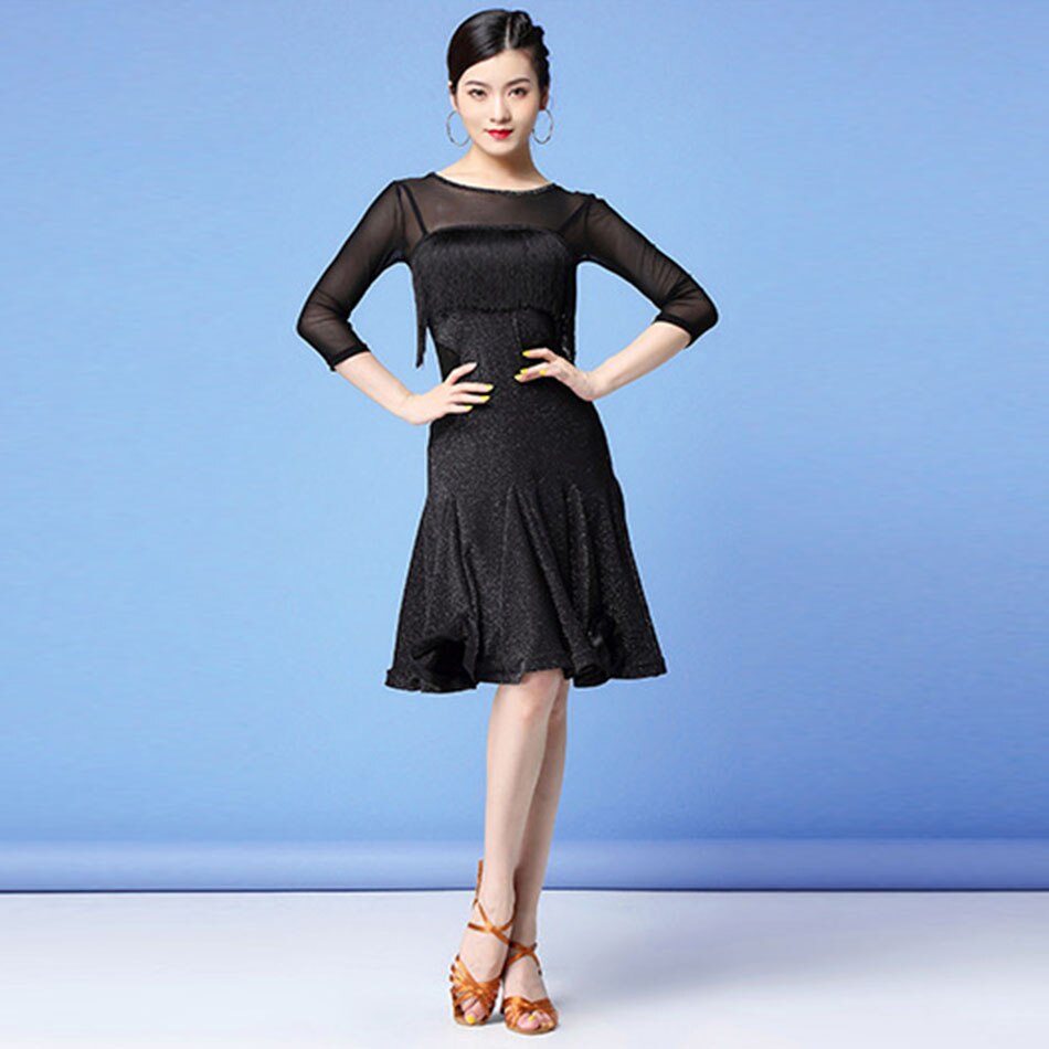 Fringe Latin Dance Dress Women Long Sleeve Tassel Dress for Ballroom Samba Tango Chacha Belly Dancing Performamnce L53
