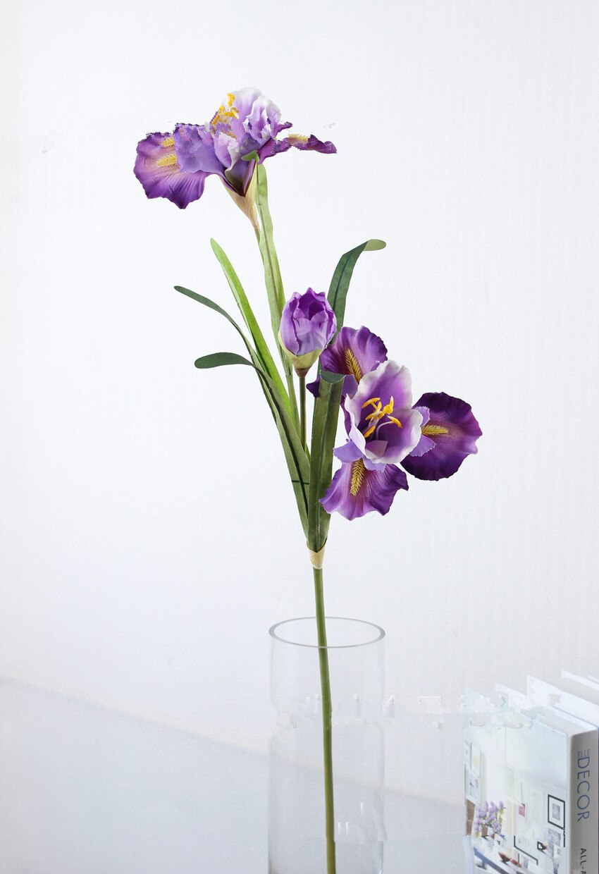 3 huvuden alice iris blomma med gröna blad siden konstgjorda blommor för heminredning flores orkidé: Lila