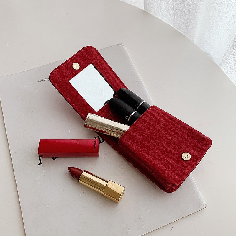 Ladies Mirror Small Lipstick Bag PU Leather Storage Bag Mini Makeup Box Multifunctional Women's Clutch Bag Wallet