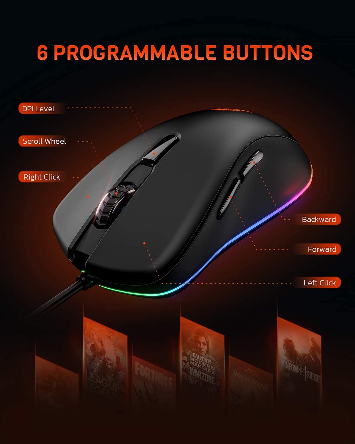 DAREU Wired RGB Gaming Mouse with 6 Programmable Buttons ATG4090 Sensor 6000 DPI 150 IPS 50Million Click Times For PC Steam Game