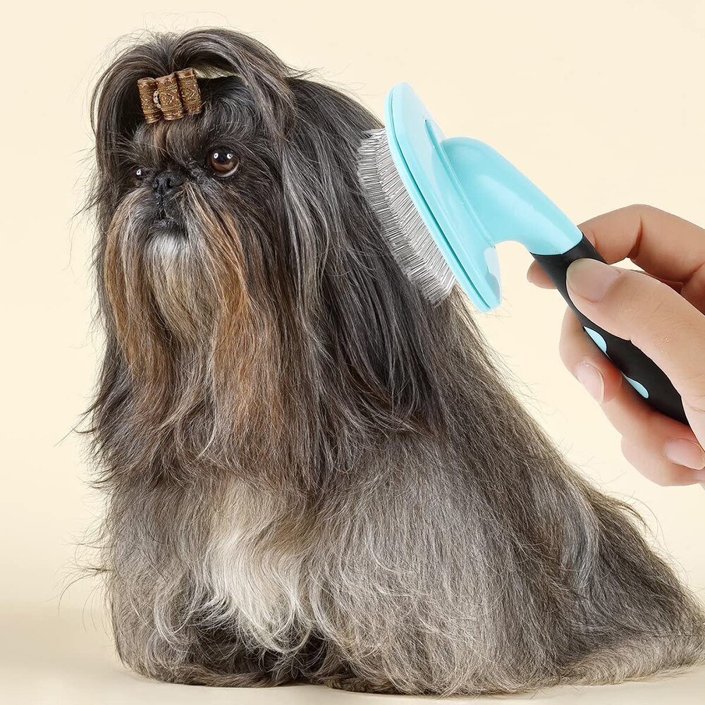 Peine para perro y gato aguja de cepillo para el cabello para mascota limpiador automático cepillo derramamiento Trimmer peine para perros, gatos de pelo largo aseo herramienta