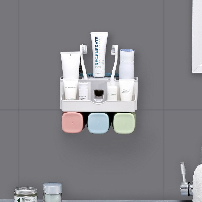 Toothbrush Holder Non Perforated Toothpaste Cup Stand Multi-functional Bathroom Suction Rack Cosmetic Storage Organizer