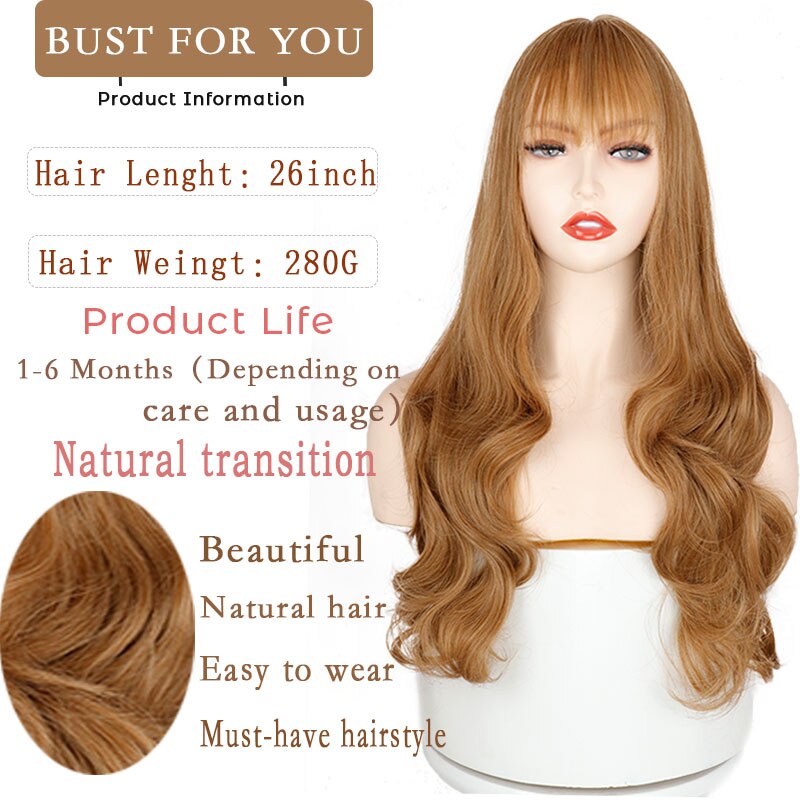 Long Body Wave Wig Womens Wig Natural with bangs Synthetic Wigs Gray/Brown/Black Wigs Heat Resistant for Women