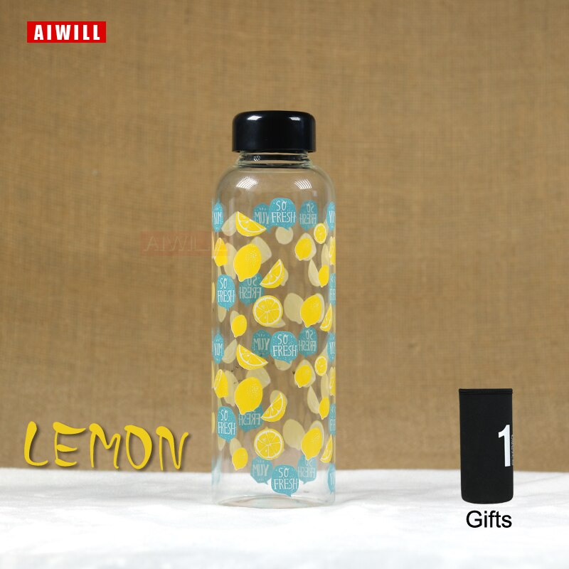 AIWILL-botella de Agua de Cristal de novedosa para mujer, 450-500ml, bonito, para deportes al aire libre: lemon