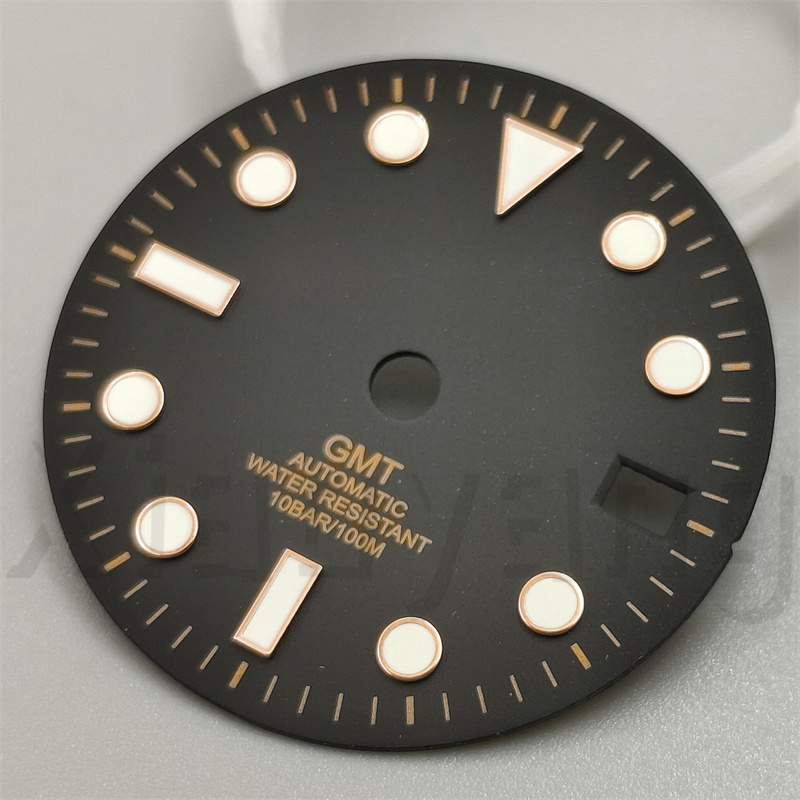 29mm Glossy Watch Dial Black White blue Dial Green Blue Red Orange GMT Text Black Gold Rose Edge Fit NH34 Movement C3 Luminous: salmon