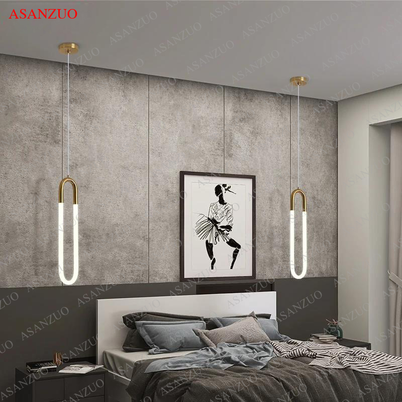 U-formade led-hänglampor i mässing för sovrum, sängbord, lång hängande lampa, köksö, matbord, heminredning, armaturer