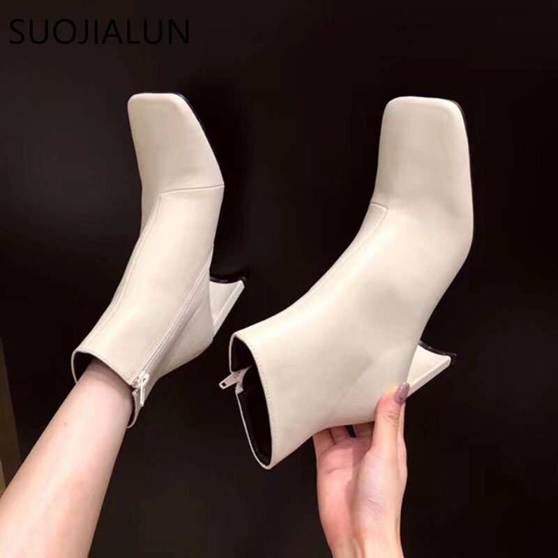 Suojialun dames enkellaarsjes met vierkante hak, dames korte laarzen met vierkante neus en rits, dames herfst/winter pumpschoenen