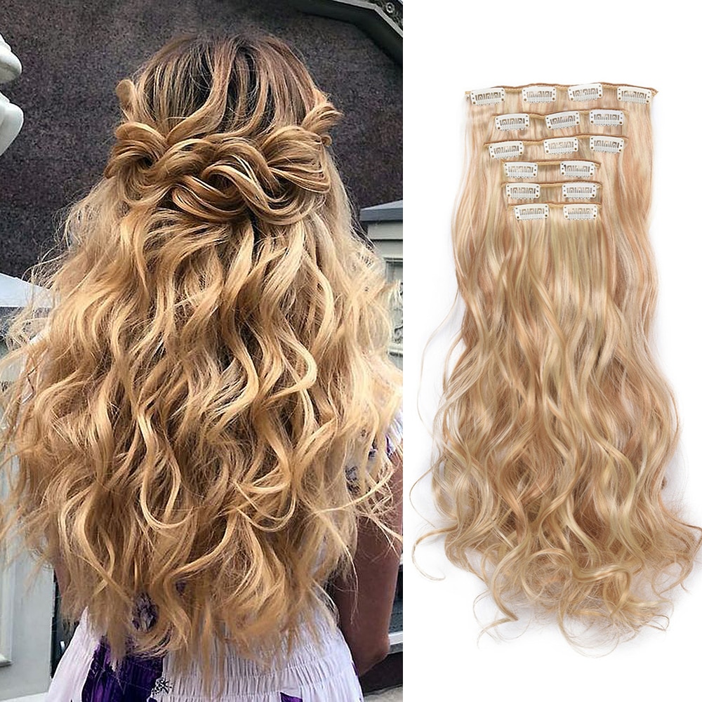 24 tommer langt krøllet syntetisk hår 16 clip in hair extension 6 stk/sæt varmebestandigt naturligt bølget hårstykke