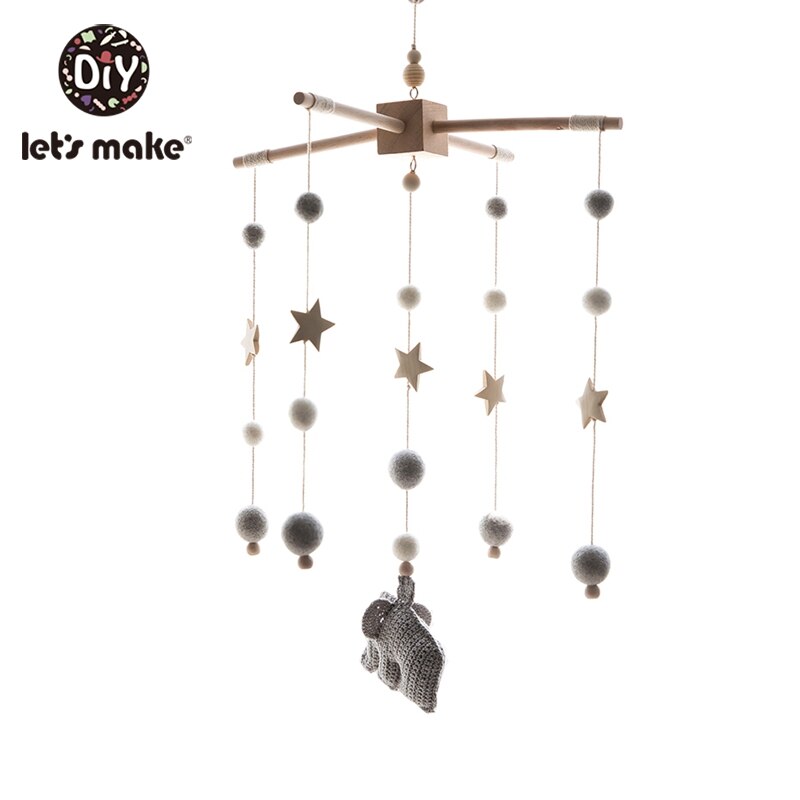 Let's Maken Houten Baby Bed Speelgoed Wieg Mobiele Baby Kamer Kinderwagen Muziek Baby Vilt Wol Bal Rammelaars Houten Bijtring speelgoed: Gray Elephant