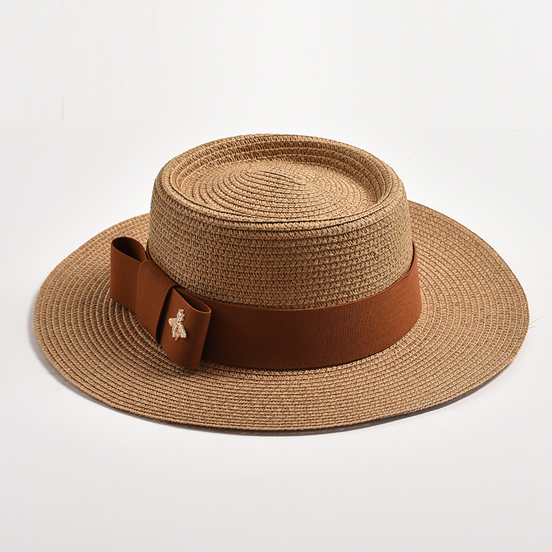Sombreros de paja para mujer, sombrero de paja redondo con superficie irregular, Top plano con lazo, vestido, Gorra de viaje para playa, novedad de primavera y verano: Caqui