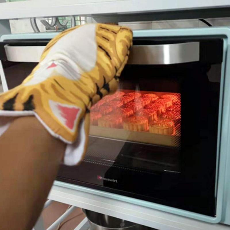 3D Cartoon Animal Oven Mitts Long Cotton Baking Insulation Gloves Holder Clip Microwave Heat Resistant Non-Slip Kitchen Supplies