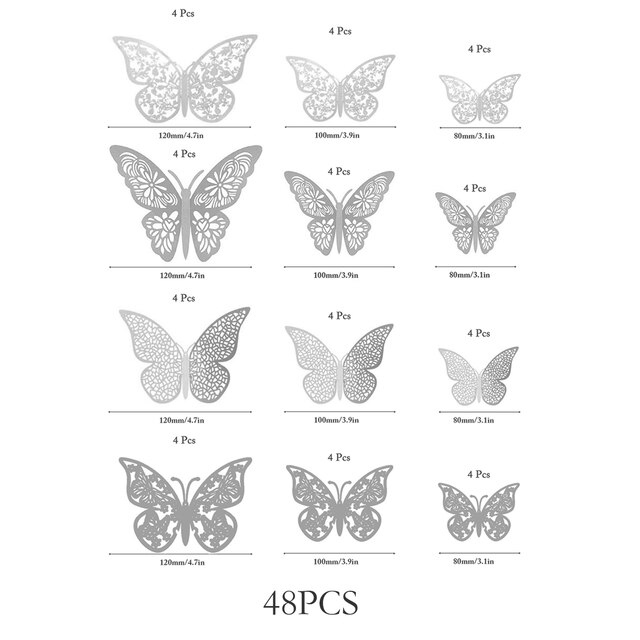 12 PCS Schmetterling Kuchen Dekoration Gold 3D Hohl Cupcake Topper Geburtstag Hochzeitstag Baby Shower Party Kuchen Dekorationen: Silver 48PCS