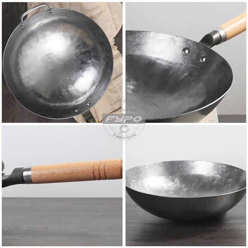 Ijzeren Wok, Traditionele Hand Gehamerd Carbon Ijzer Pow Wok Met Houten Helper Handvat, niet-Coating Gas Fornuis Kookgerei
