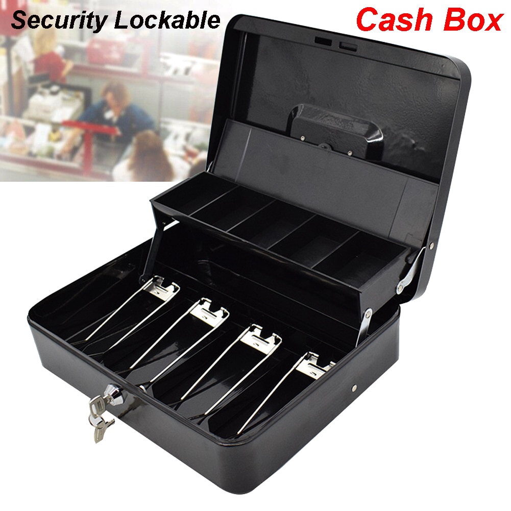 Portable Security Lockable Cash Box Tiered Tray Money Drawer Safe Storage Black 40FP14