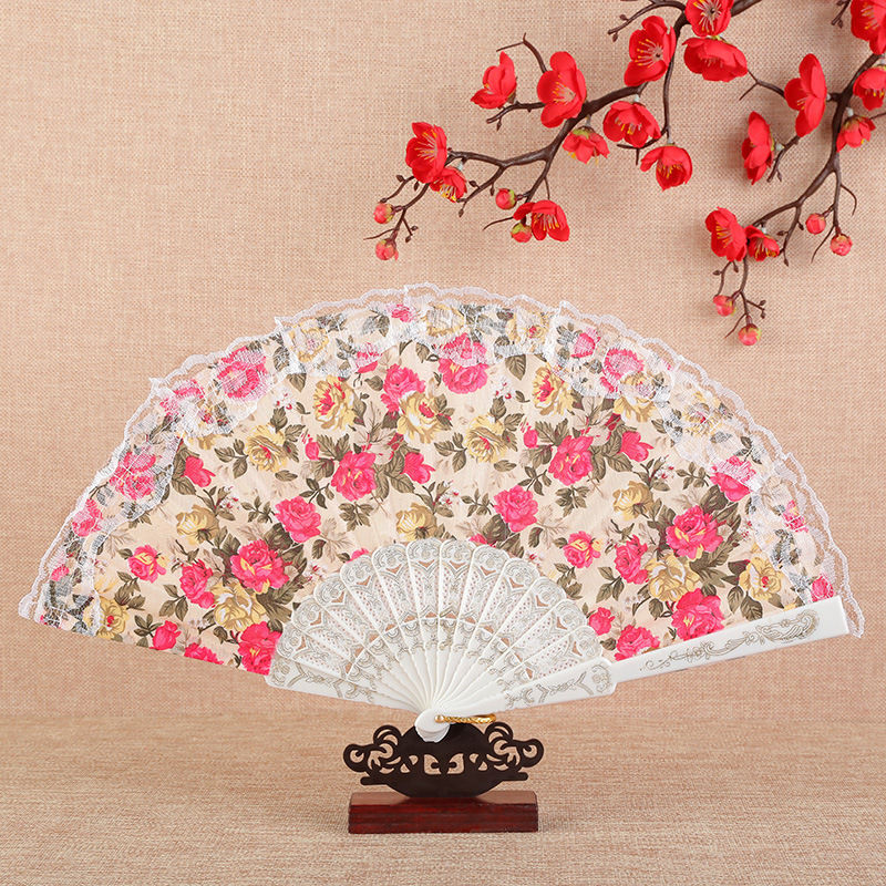 Vintage Flower Pattern Folding Fans Bronzing Wood Silk Plastic Hand Fans With Lace Ribbon Edge Dance Wedding Party Prop