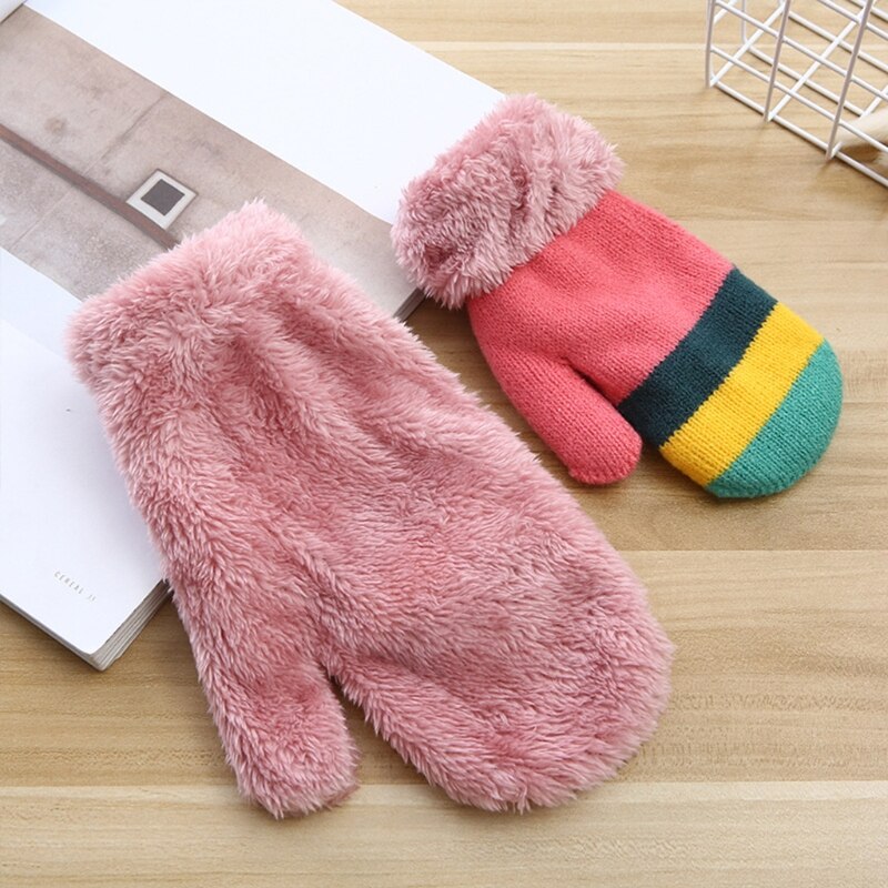 Enfant en bas âge enfants hiver peluche doublé doigt complet mitaines arc-en-ciel rayé tricoté thermique temps froid mitaines chauffe-mains