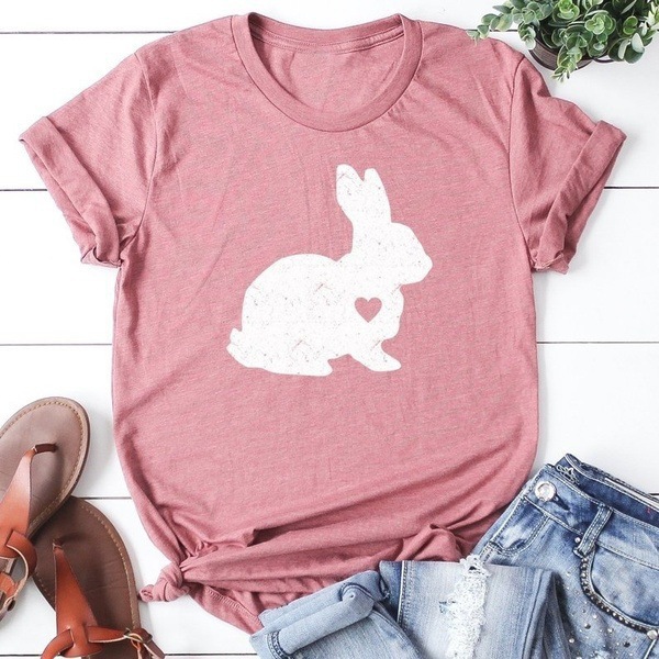 Konijn Bunny Print T Shirt Vrouwen Korte Mouw O Hals Losse T-shirt Zomer Vrouwen T-shirt Tops Camisetas Mujer: S / Roze