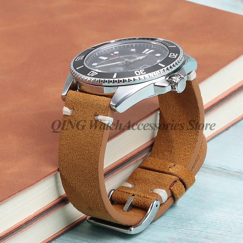 Suède stiksels lederen horlogeband 18mm 20mm 22mm Quick Release Vintage armband blauw bruin horlogeband vervanging