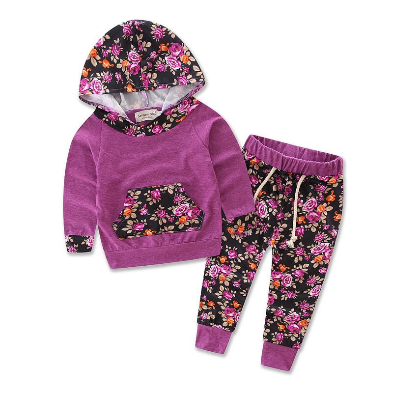2 stk smålåve baby jente gutt blomster topper hettegensere + lange bukser antrekk sett klær: Lilla / 18m