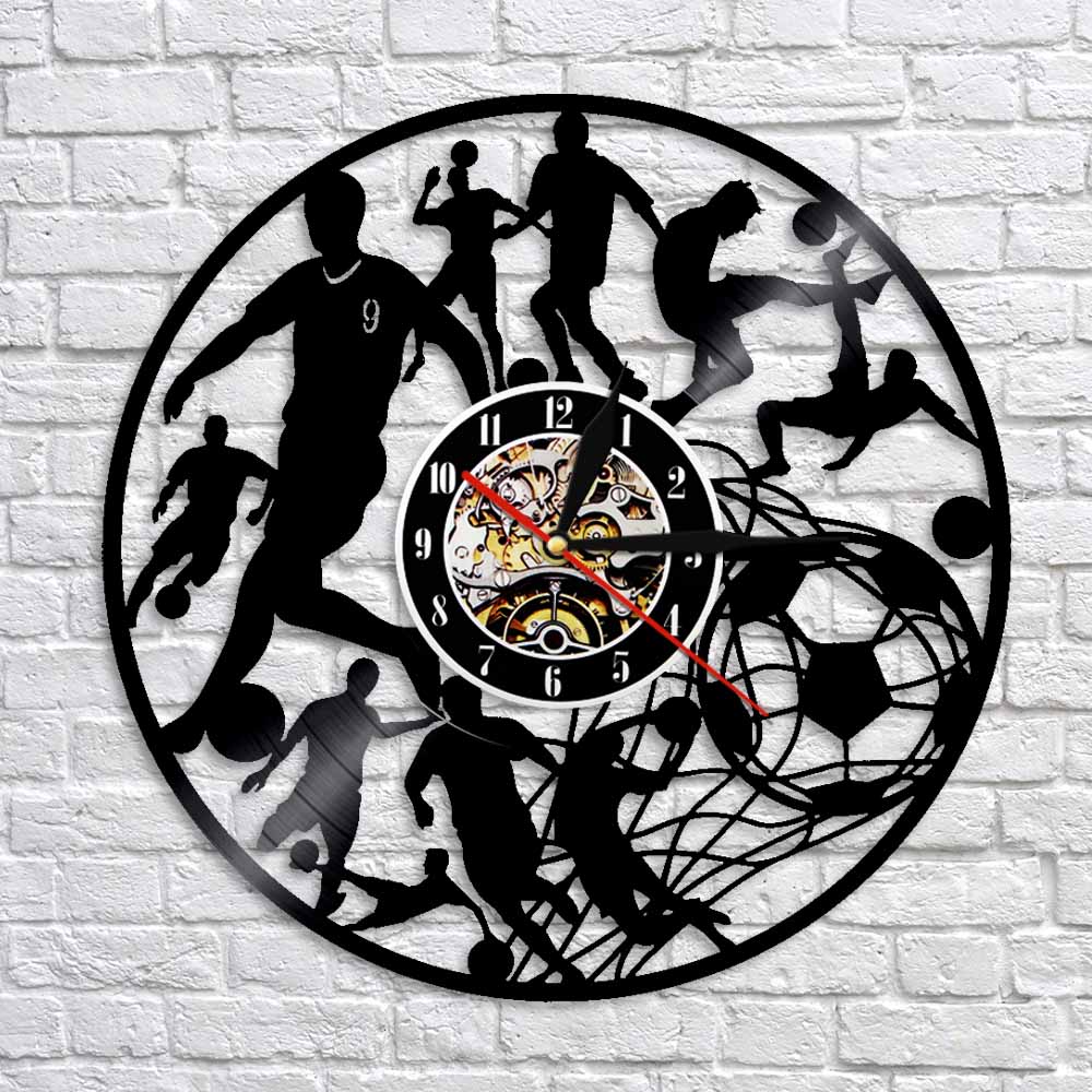 Reloj de pared de fútbol jugadores de fútbol Kick Ball Net Goal Football Field equipo de pelota deporte Colegio niños Juego reloj de vinilo de registro