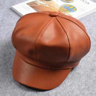 Siloqin efterår vinter pu læder newboy hat trend snapback kvinders ottekantede kasket fritid motion dame mærke hatte: Orange